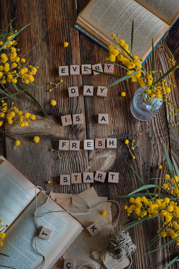 Scrabble tiles spell 'Every Day is a Fresh Start' amidst books and flowers on a rustic table.