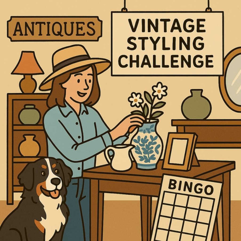 Cartoon of a Woman in antique store arranging flowers with a Bernese Mountain dog by her side with Vintage Styling Challenge Sign.
