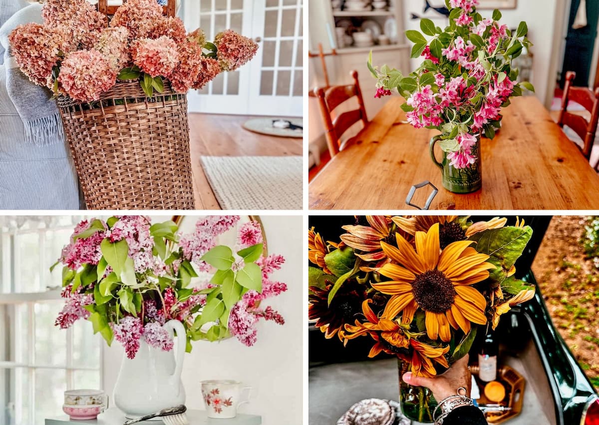 Collage of vintage flower arrangements.