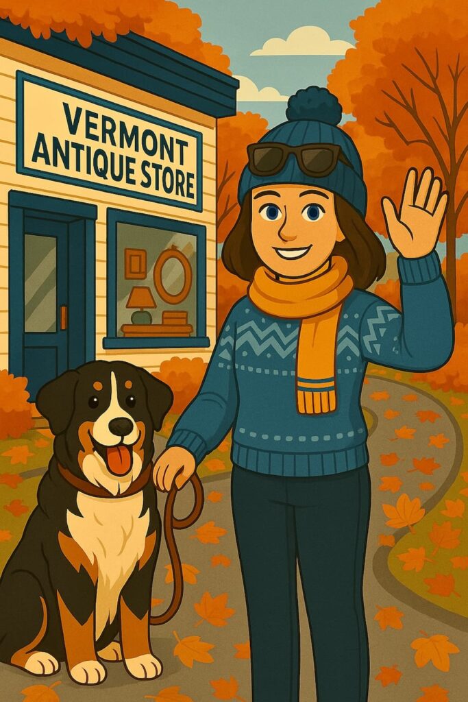 Cartoon woman waving with Bernese Mountain Dog in front of Vermont Antique Store in FAll