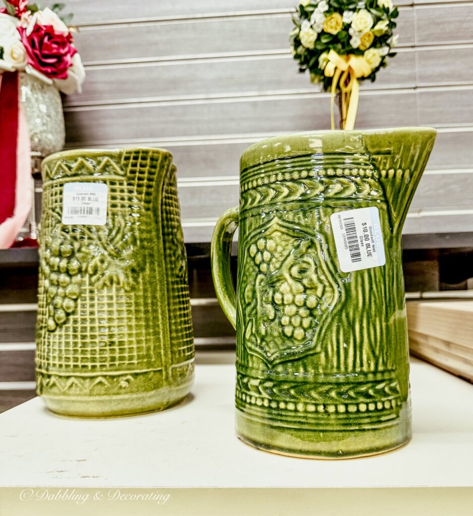 2 Vintage green McCoy pitchers at Goodwill store Northern New England, Summer Home Decor Finds.