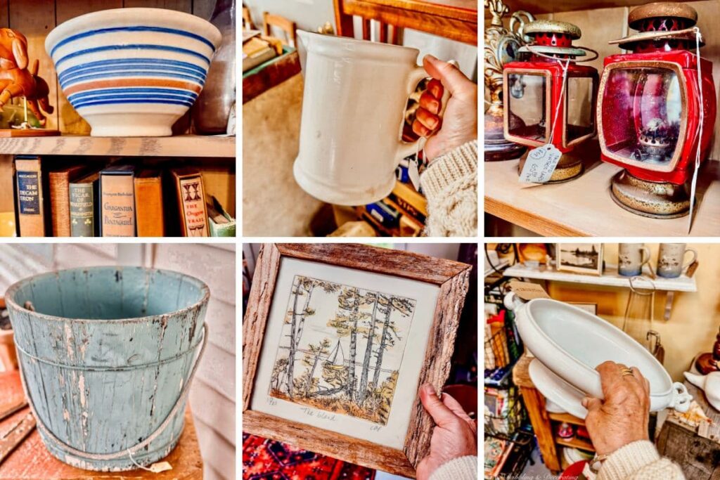 Collage of vintage coastal decor finds from Maine.