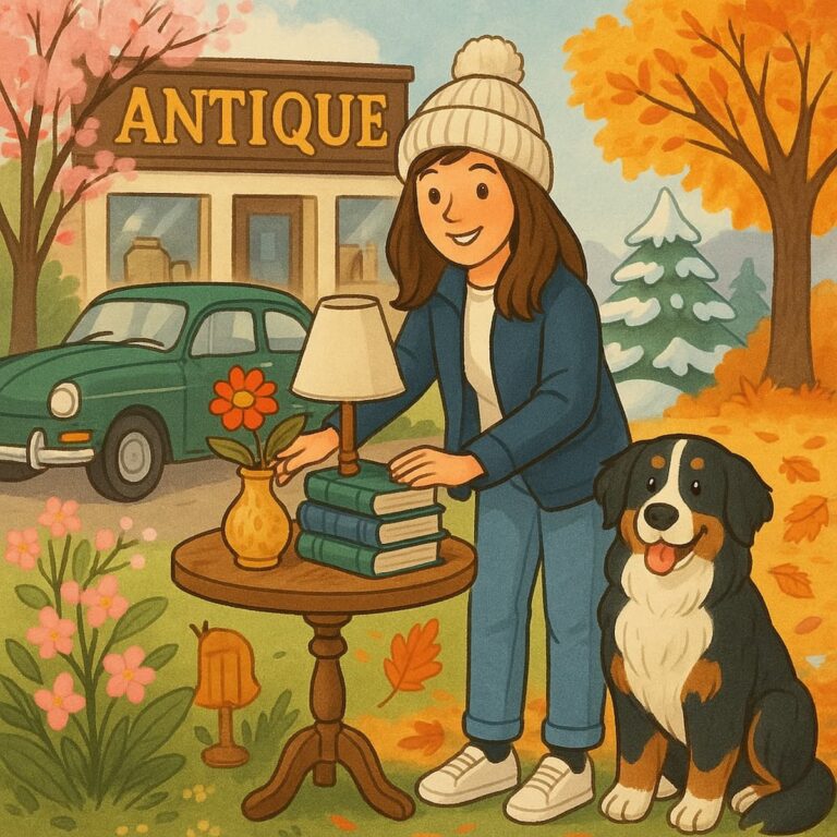 Cartoon woman with bernese mountain dog decorating vintage decor on a table in all seasons outdoor.