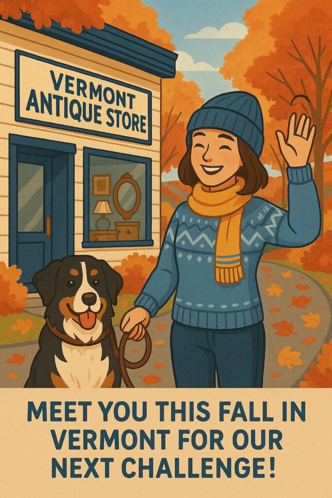 Cartoon woman with Bernese Mountain Dog waving in the fall with Meet You This Fall in Vermont for our Vintage Decor Styling Challenge