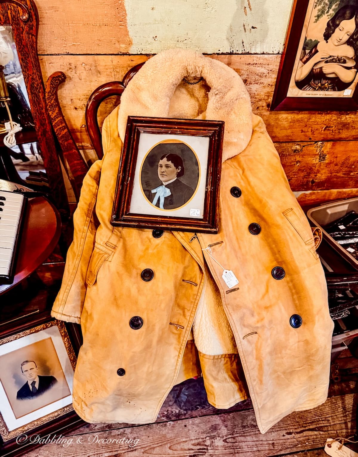 Maritime winter jacket in antique store with fur and leather.