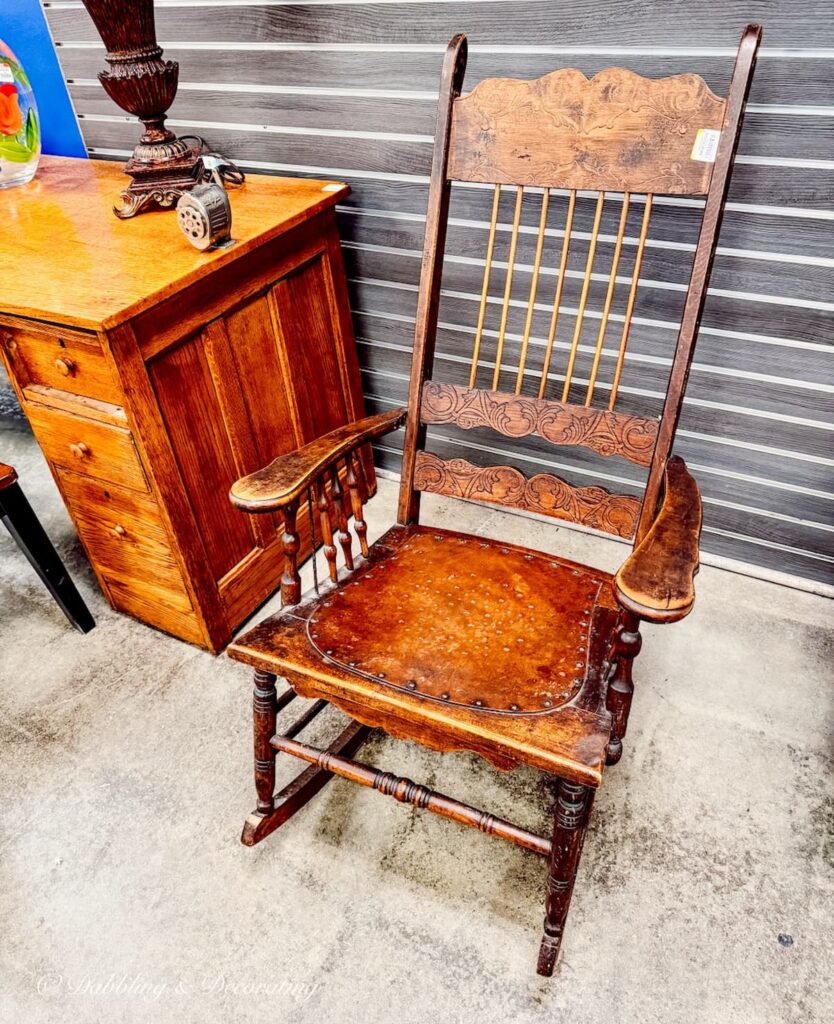Vintage wooden rocking chair at Goodwill Northern New England, Summer Home Decor Finds.