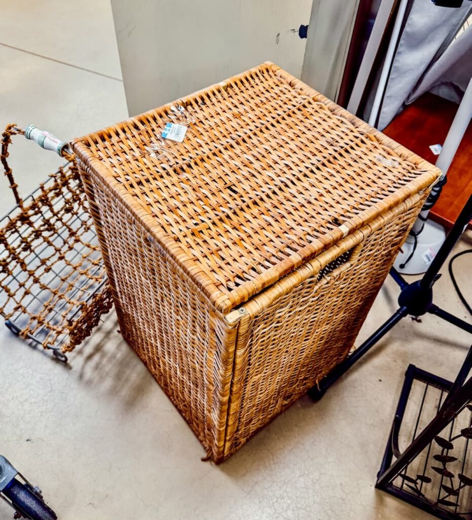 Wicker hamper basket at Goodwill Store Northern New England in Portsmouth, NH, Summer Home Decor Finds.