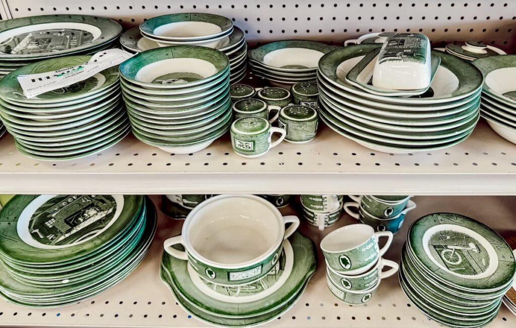 Set of Colonial Homestead in Green by Royal on Goodwill Northern New England Shelf, Summer Home Decor Finds.