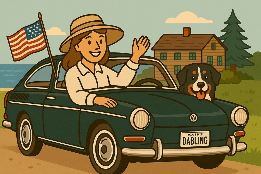 Cartoon with woman in Green vintage VW with Bernese Mountain Dog driving on the ocean with a USA flag on antenna in Maine.