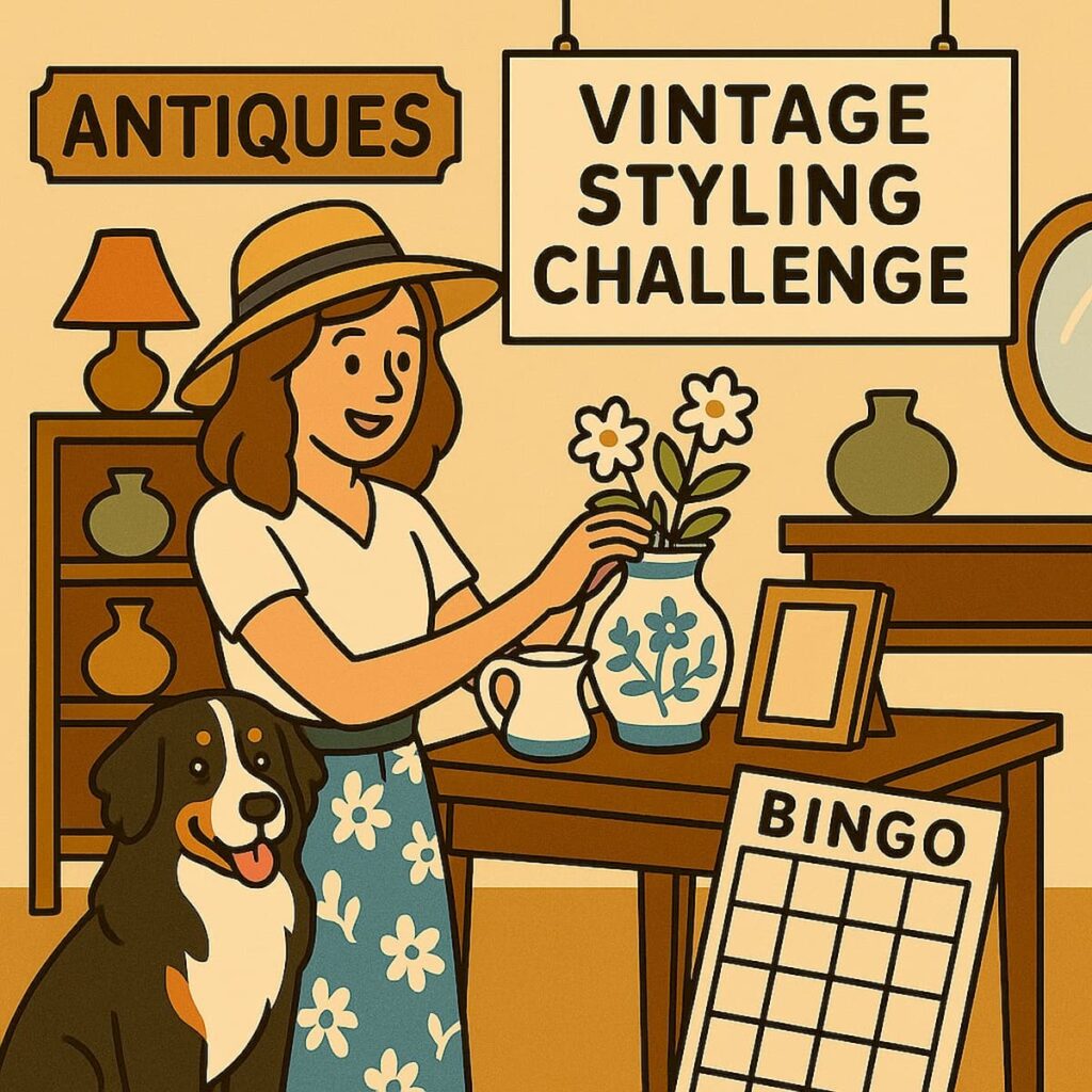Cartoon woman with Bernese Mountain dog fixing a bouquet of flowers for the Vintage Styling Challenge.