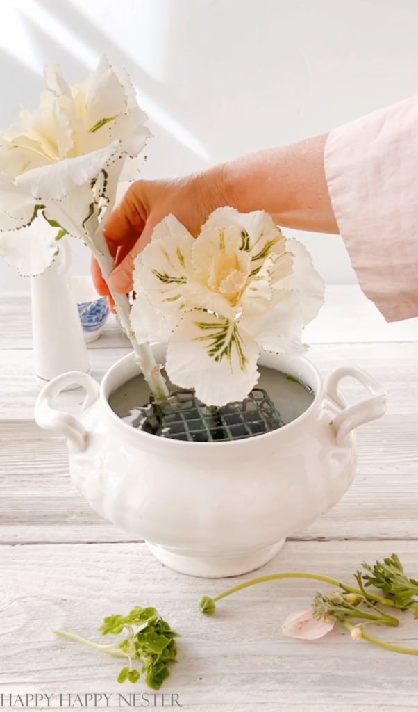 How to make a vintage flower arrangement with a white soup tureen and a floral frog.