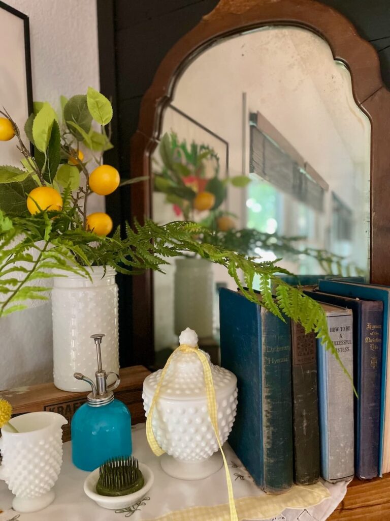 vintage milk glass mantel decorating for summer.