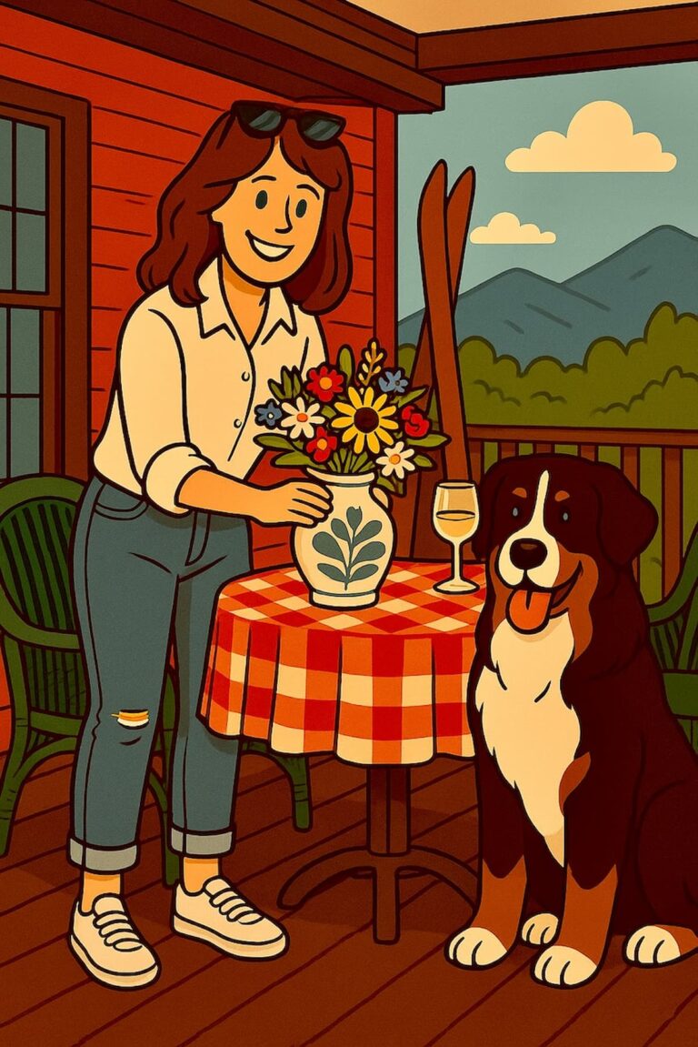 Cartoon Woman on a Vermont front porch with Bernese Mountain Dog decorating a red plaid table in the mountains.