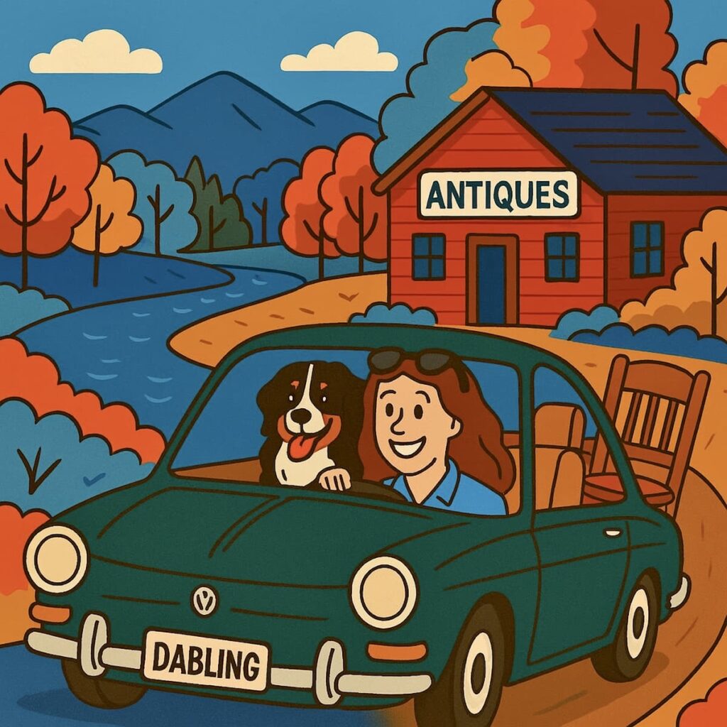 Vintage home decor blogger in antique car with Bernese Mountain Dog driving away from an antique shop with a vintage haul in trunk in the mountains.