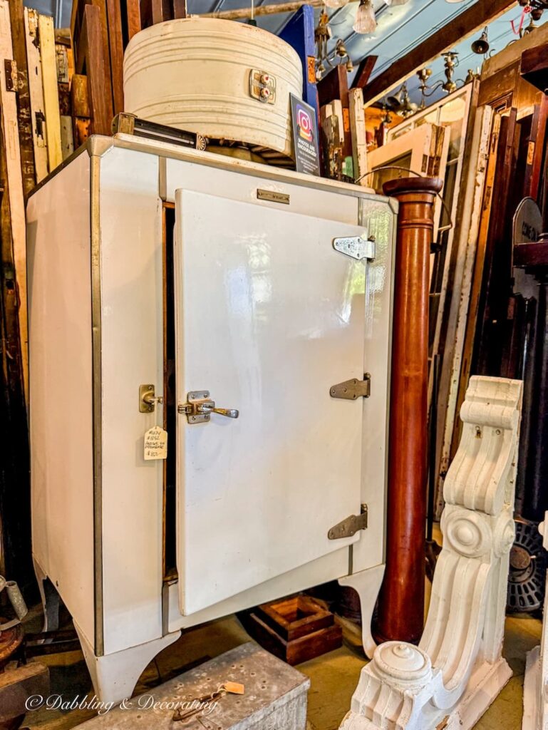 Antique white freezer architectural salvage at The Old House Parts Co.