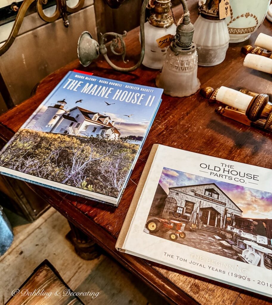 Two books laying on table at the Old House Parts Company in Maine.