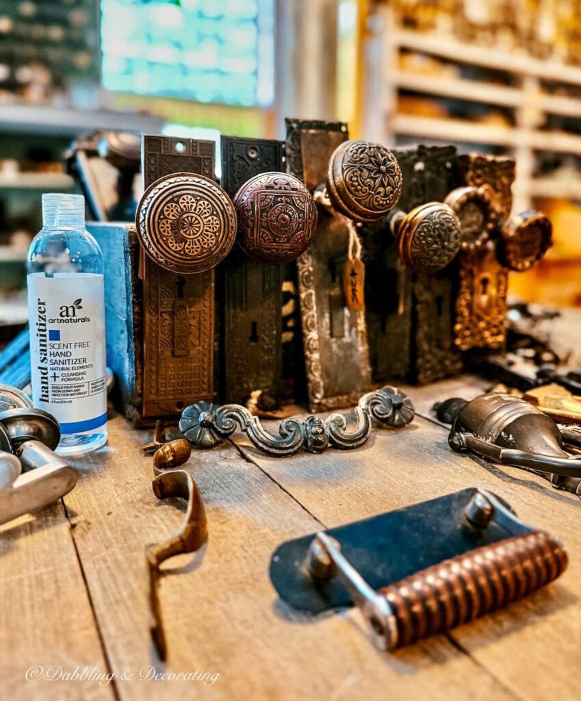 Antique door knobs on counter.