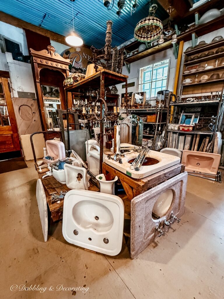 Salvaged kitchen and bathroom section on the fist floor of the Old House Parts Co in Kennebunk, Maine.