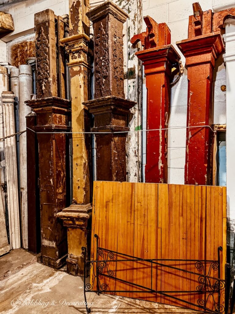 Architectural salvaged beams on display at The Old House Parts Co.