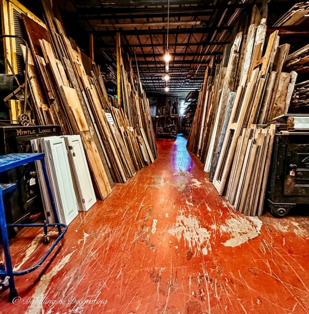 Second floor of the Old House Parts Co. with salvaged wood.