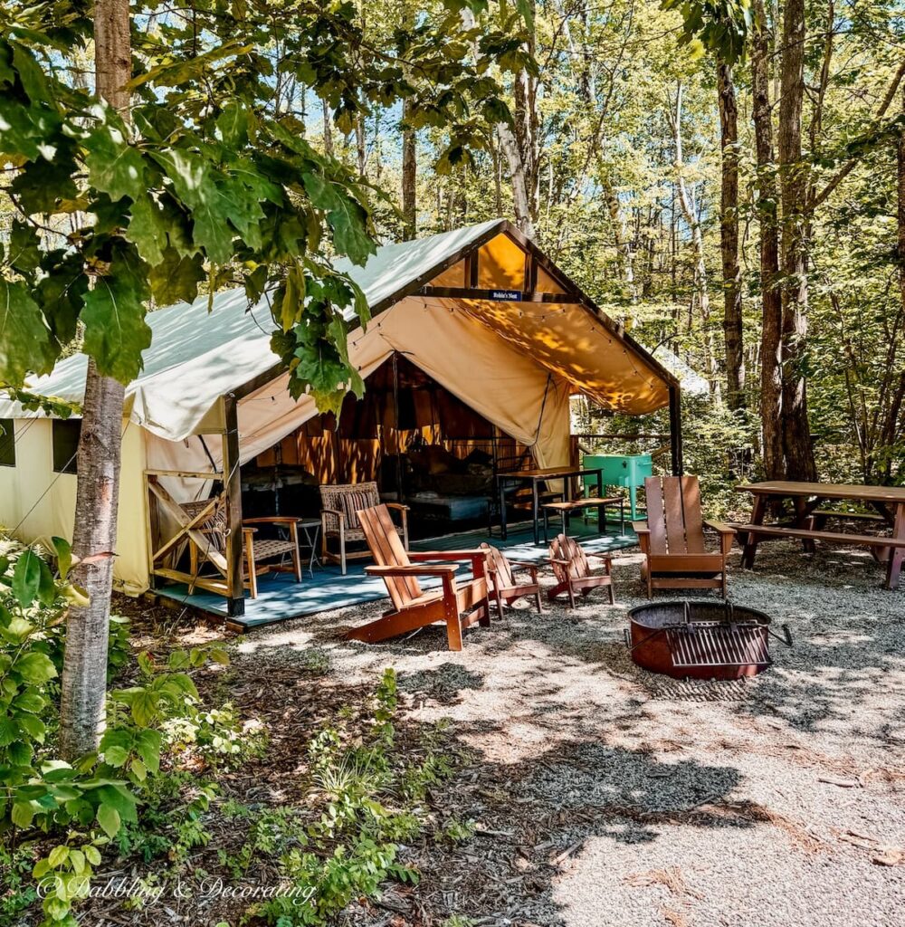 Safari glamping tent at Sandy Pines Campground Kennebunk, Maine.