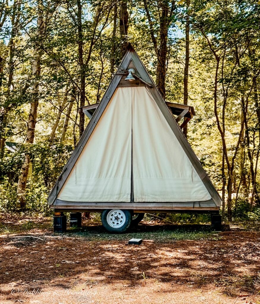 Small Safari glamping tent on wheels at Sandy Pines Campground Kennebunk, Maine.