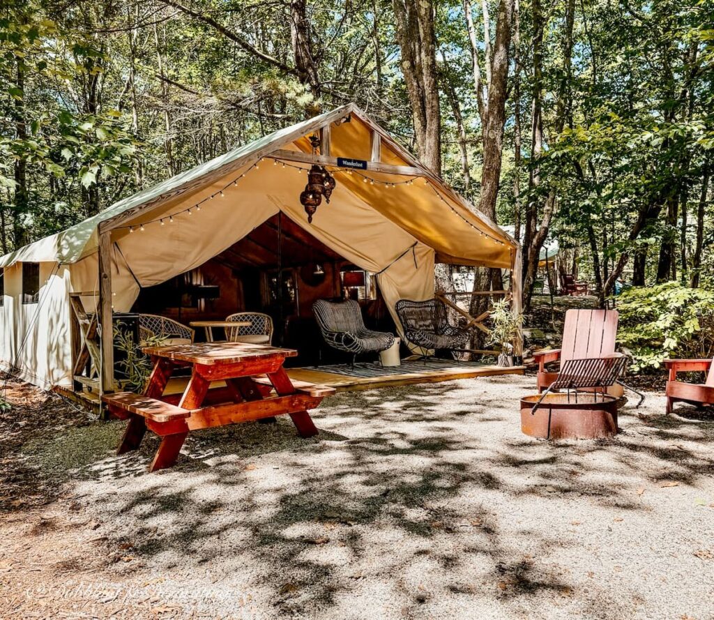 Safari glamping tent at Sandy Pines Campground Kennebunk, Maine.