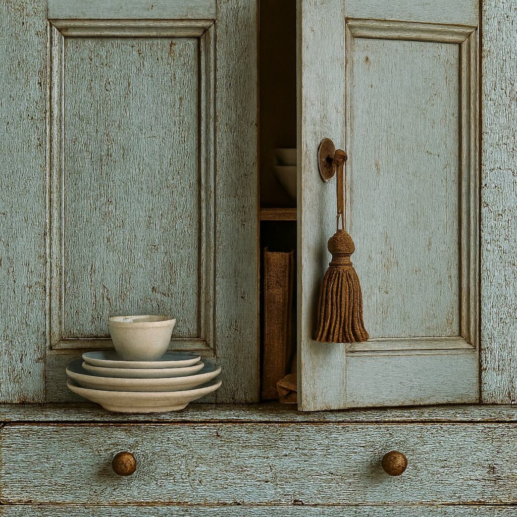 Secret cupboard in blue and rustic browns filled with one-day vintage decorating ideas.
