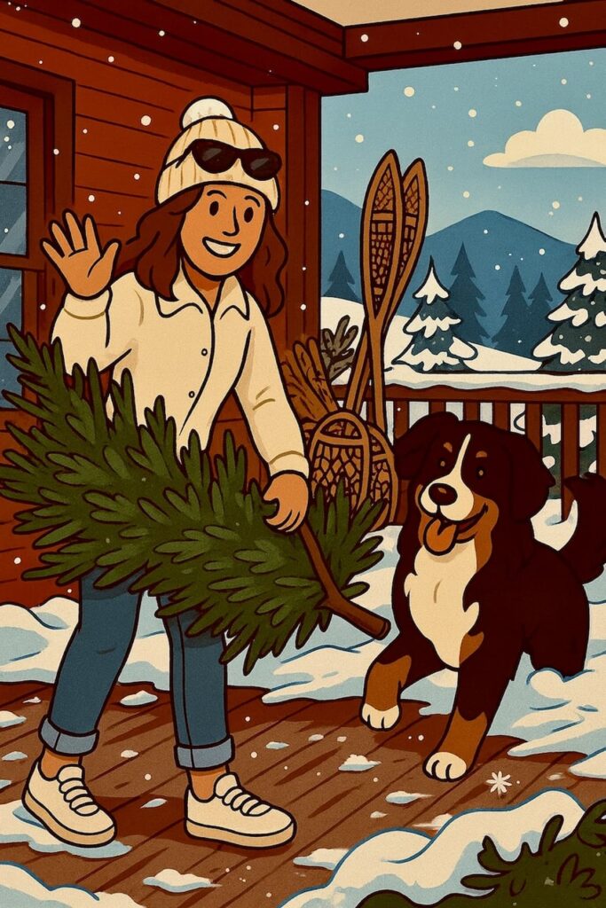 Cartoon woman decorating a Vermont home porch with a Bernese Mountain Dog with snow and holiday prep.