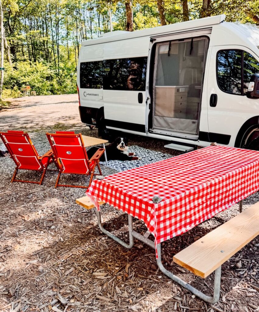 Gingham tablecloth on outdoor picnic table next to RV with Red chairs and Bernese Mountain Dog.