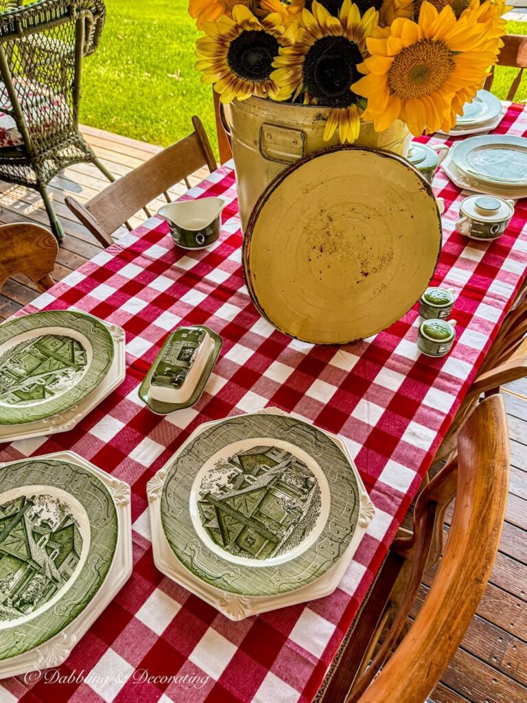 Thrifted Colonial Homestead Green by Royal Dish Set on fall table decor.