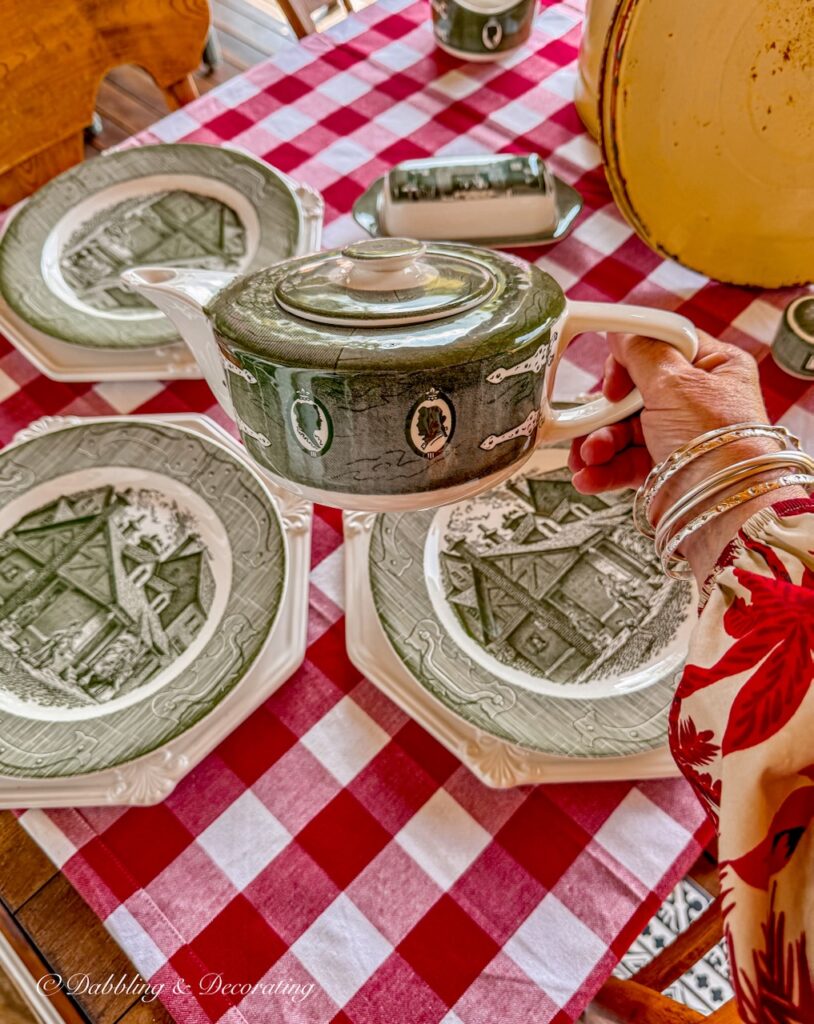 Thrifted Colonial Homestead Green by Royal Dish Set on fall table decor.