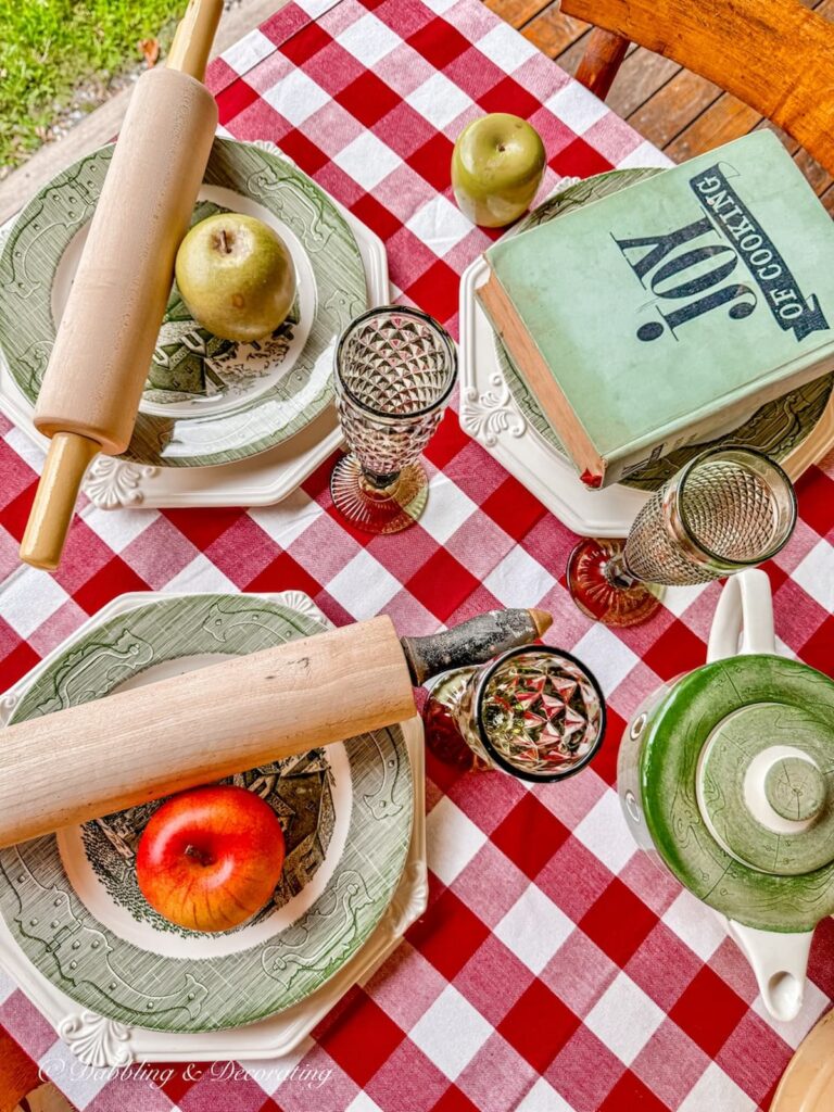 Fall table decor with vintage and thrifted tableware, cozy and country style.