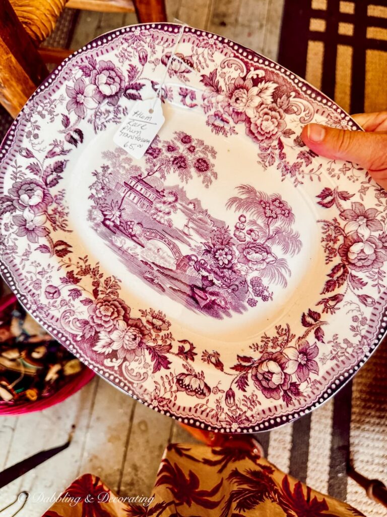 Purple and white vintage transferware platter at Wolfeboro Antiques in Wolfeboro, New Hampshire.