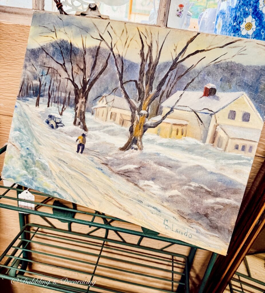 Winter New England snow scene painting at Wolfeboro Antiques in Wolfeboro, New Hampshire.
