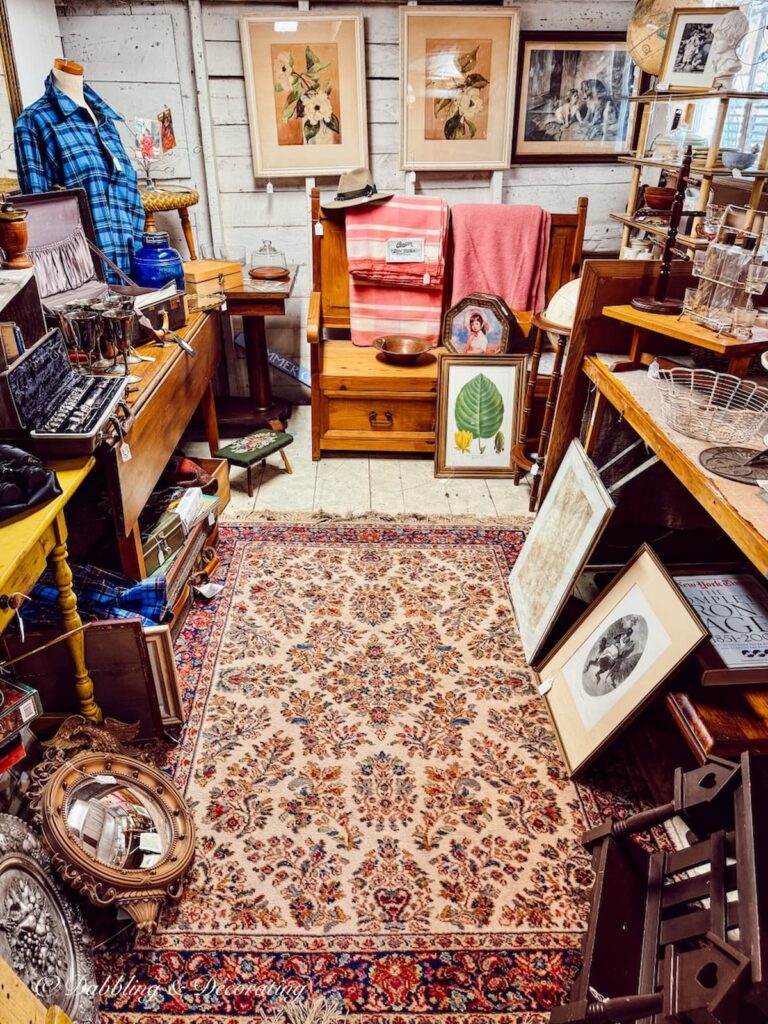 Inside antique vendor booth at Wolfeboro Antiques in Wolfeboro, on New Hampshire’s Antique Trail.