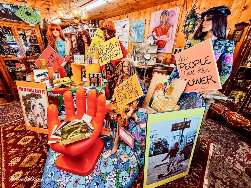 Mannequins dressed up in 60's protest in the RS Butler's Trading Company shop in Northwood, NH.