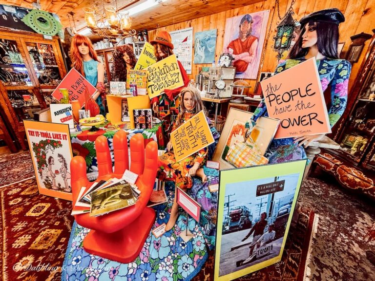 Mannequins dressed up in 60's protest in the RS Butler's Trading Company shop in Northwood, NH.