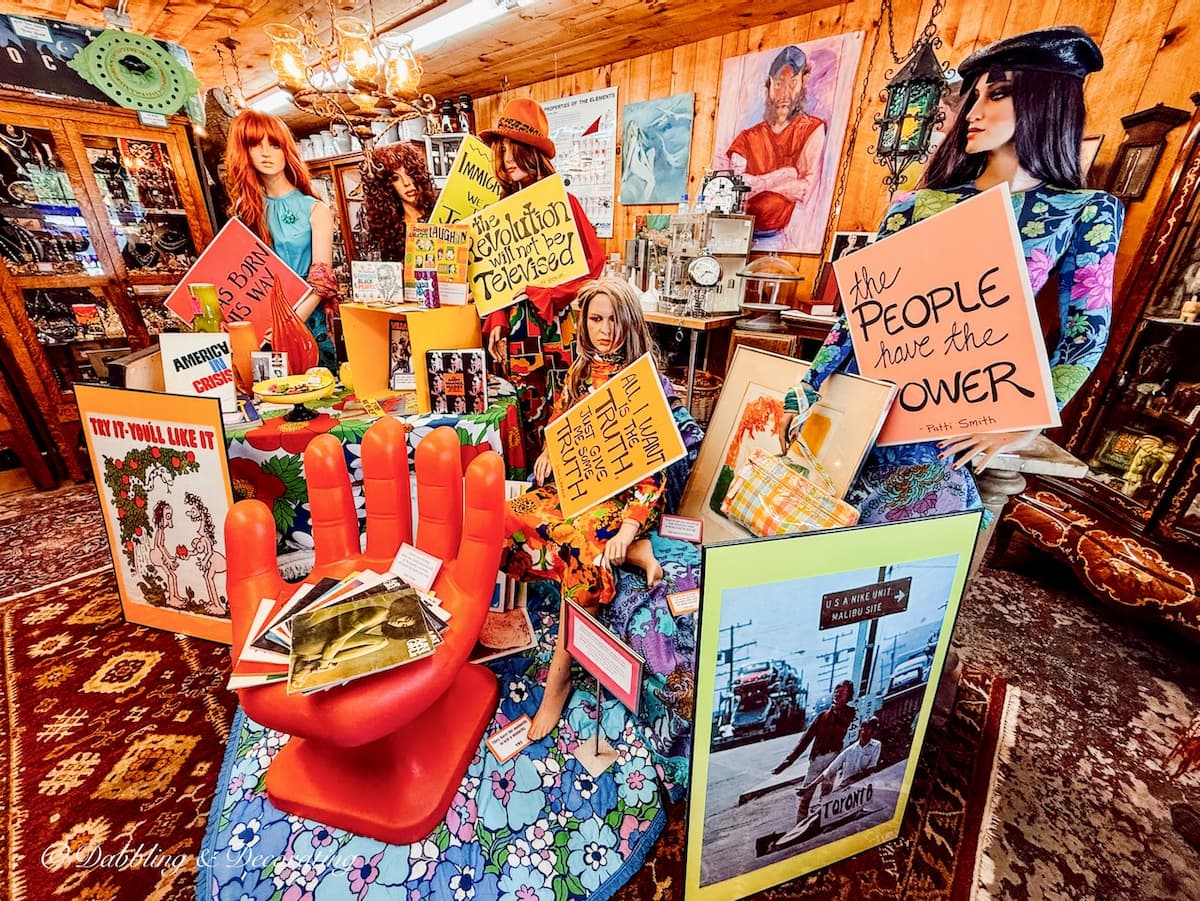 Mannequins dressed up in 60's protest in the RS Butler's Trading Company shop in Northwood, NH.