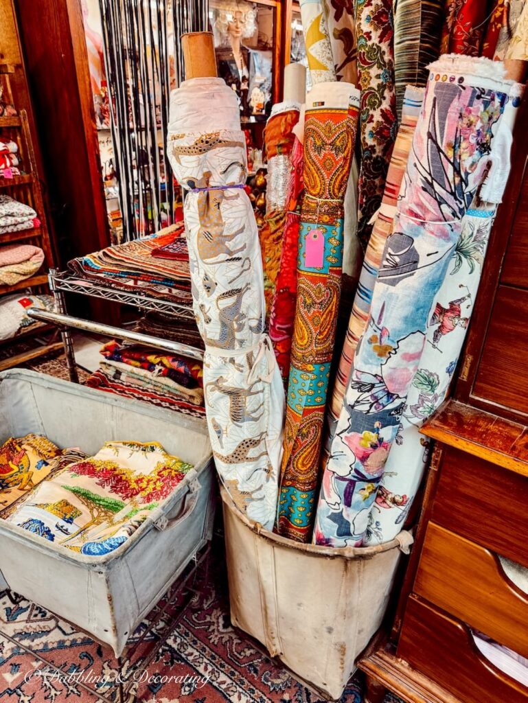 Vintage material and curtains in an antique store in New England.