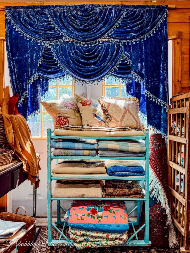 Velvet valences hanging at the R.S. Butler’s Trading Company. Extravagant.