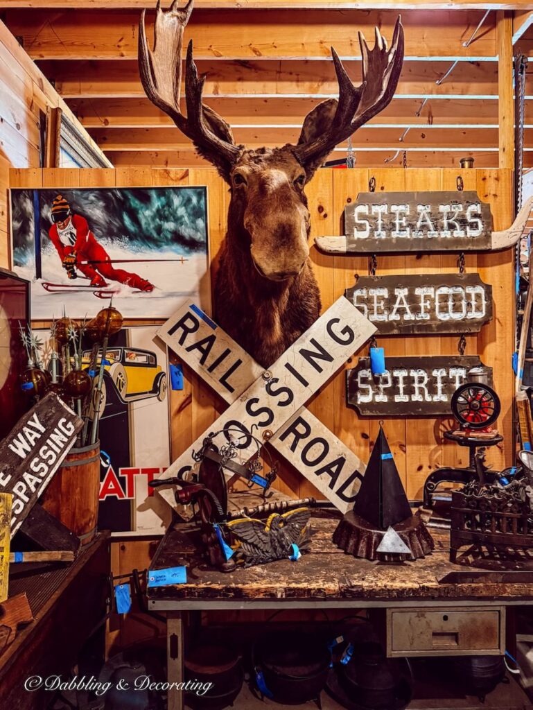 Moose head taxidermy on wall with New England eclectic signs and skier photos at antique store in New Hampshire.