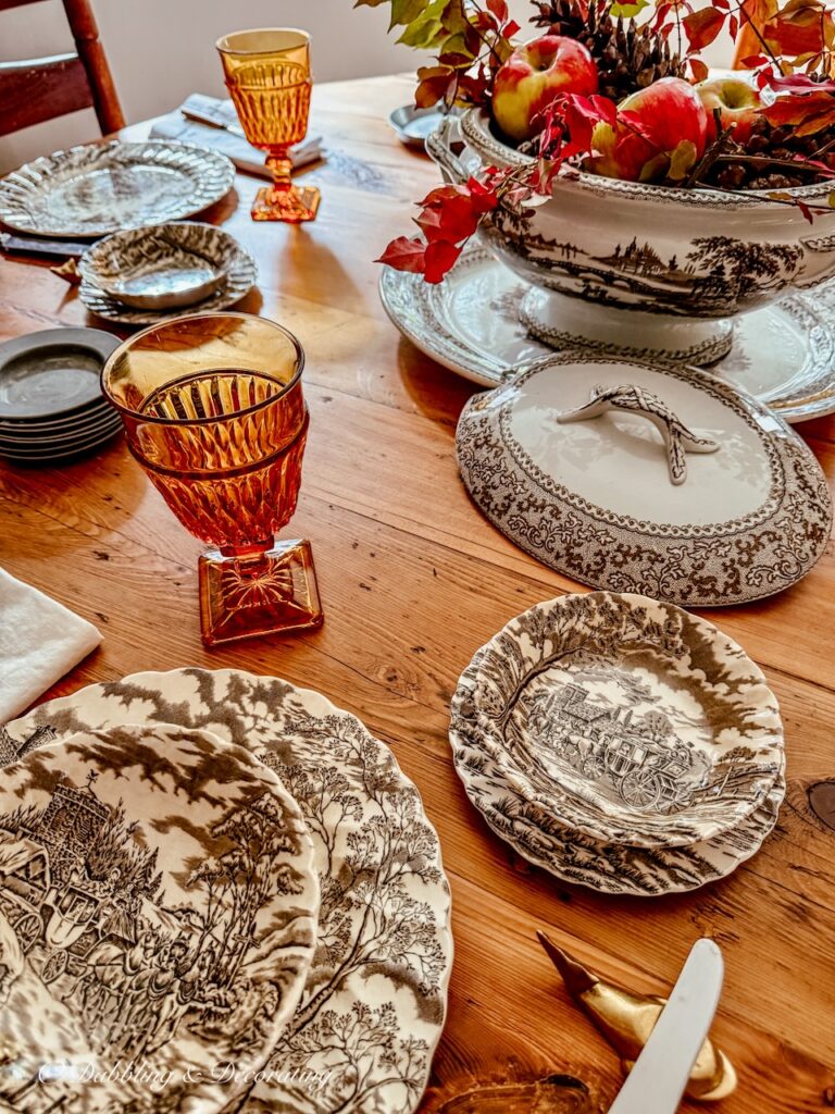 Brown and white vintage transferware table setting for fall on round table vs. rectangular.