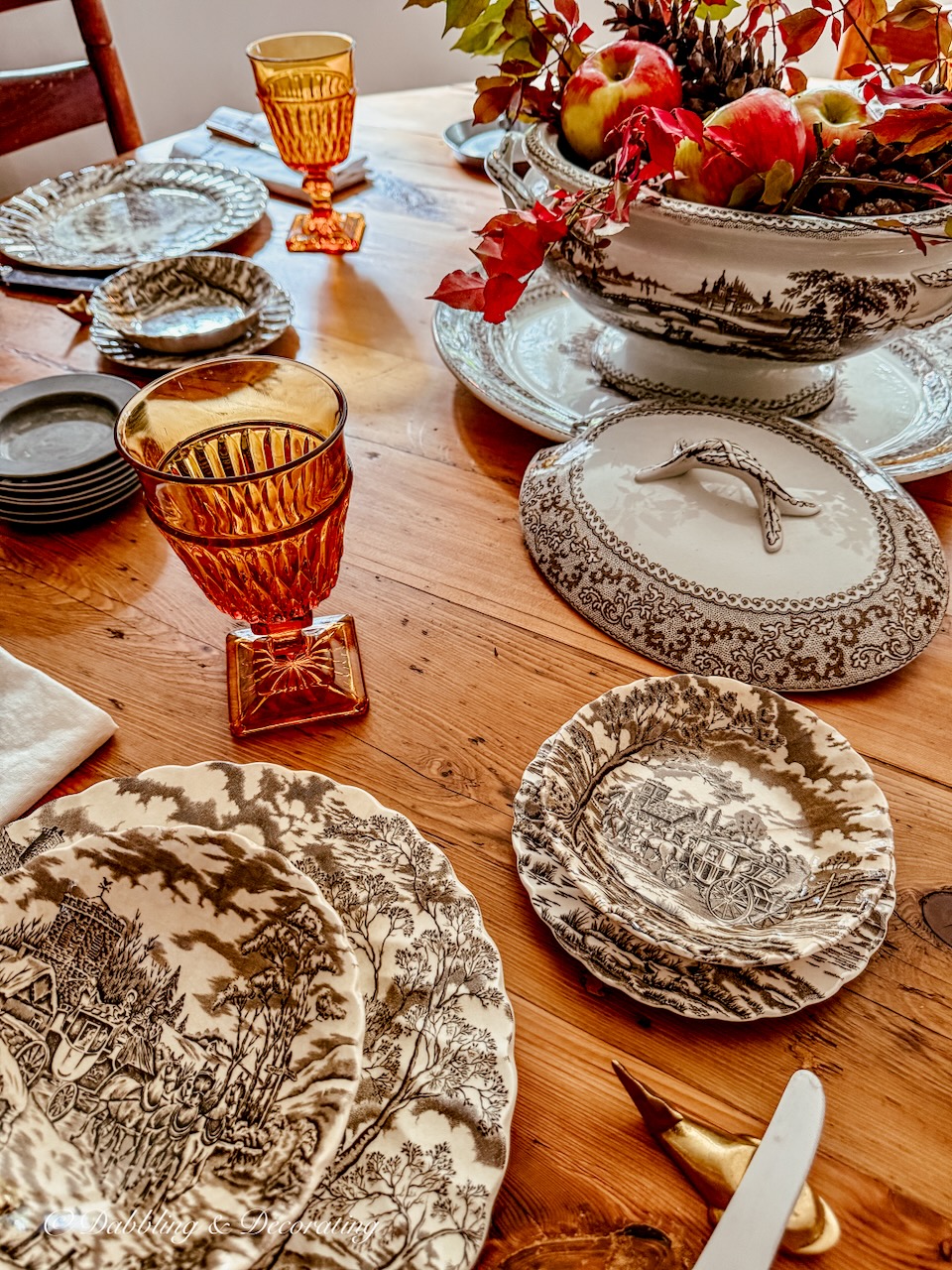 Brown and white vintage transferware table setting for fall on round table vs. rectangular.