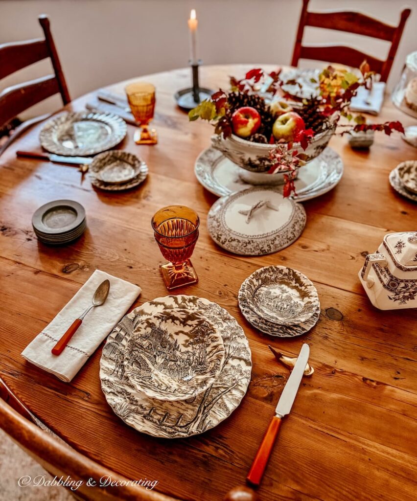 Round vs. Rectangular dining table ideas decorated with vintage fall transferware.