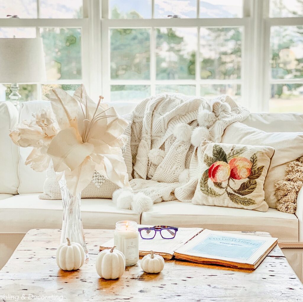 Needlepoint and embroidered pillows on white couch with mountain views in a fall sunroom layered with coziness.