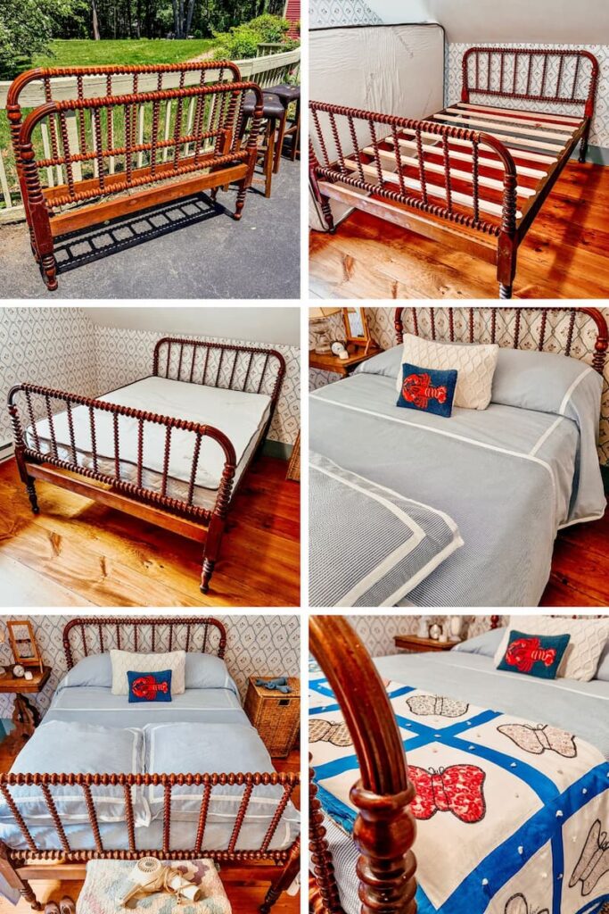 Jenny Lind Bed Makeover Yard Sale Find and the Secret to the Perfect Mattress Fit photo collage.