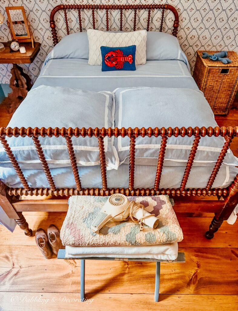 Jenny Lind antique bed makeover in small vintage style bedroom in New England home.