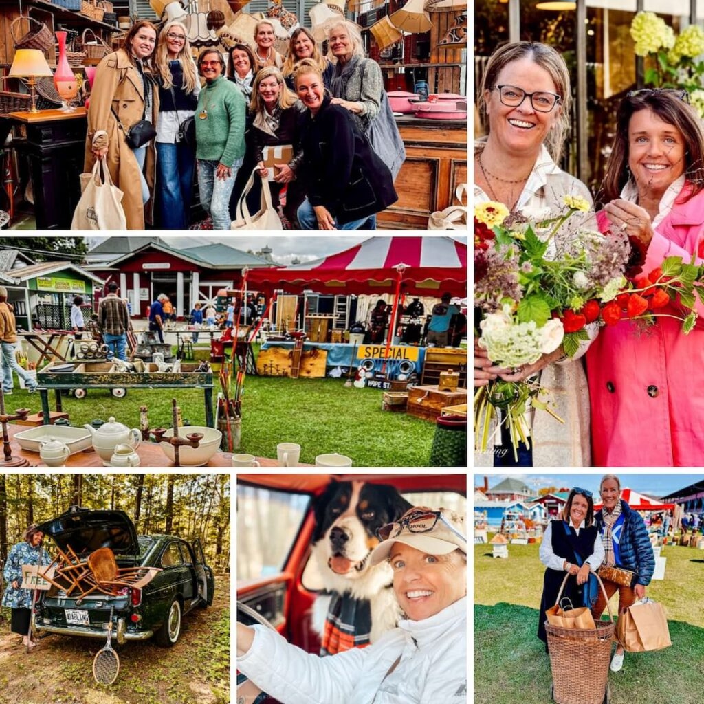 thrifting with the gals photo collage of women antiquing, thrifting, and visiting vintage markets, thrift stores, and antique stores.