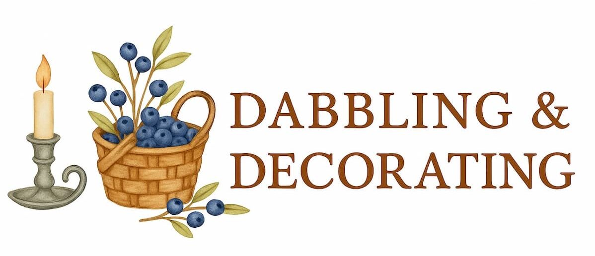 Dabbling & Decorating Blog Logo with basket of blueberries and a pewter candlestick.